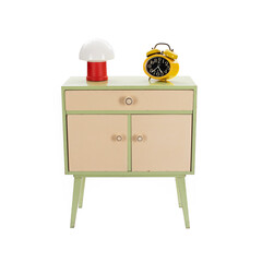 Wooden drawer with clock isolated on white