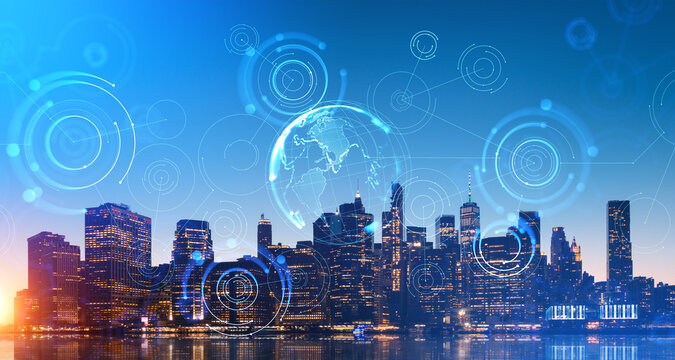 Planet and network hologram in night New York city - Powered by Adobe