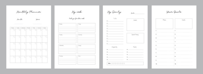 (simple) 4 set of Daily, Monthly, Weekly, Yearly  schedule Planner. Minimalist planner template set. Vector illustration.