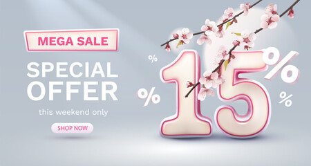 Special spring discount as a gift to the buyer, -15 Percentage off sale. Vector illustration