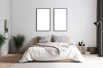 Mockup two poster frame in modern bedroom. Generative AI illustration.