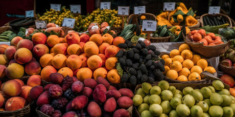 Naklejka na ściany i meble fresh fruits and vegetables at market Genetarive AI