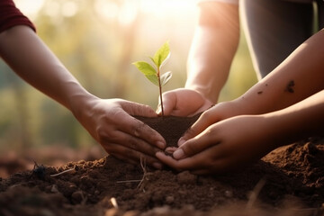 Fototapeta premium Close up of a hands holding a small tree for planting, Concept of Sustainability and reforestation for Earth Day. Generative AI