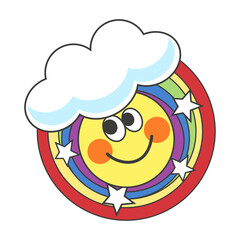 Sticker round rainbow with stars and smiling smiley face on head with cloud