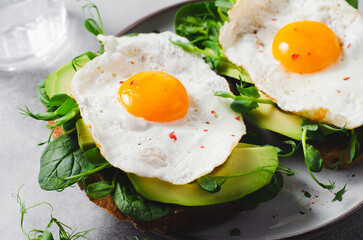 Avocado Sandwich with Fried Egg, Spinach and Green Sprouts, Healthy Breakfast or Snack on Bright Background