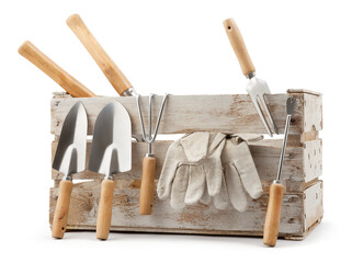 Gardening tools set, wooden crate with aluminum garden kit tools, Shovel, Trowel, Fork with wooden...