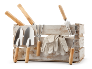 Gardening tools set, wooden crate with aluminum garden kit tools, Shovel, Trowel, Fork with wooden handle and protective gloves, isolated on white background. Concept of work or sale garden products