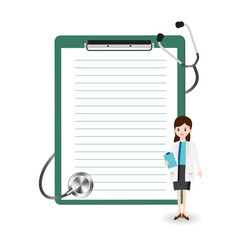 Woman doctor in gown uniform is presentation beside chart board background and stetoscope ,Medical healthcare and lecture concept.Vector.Illustration.