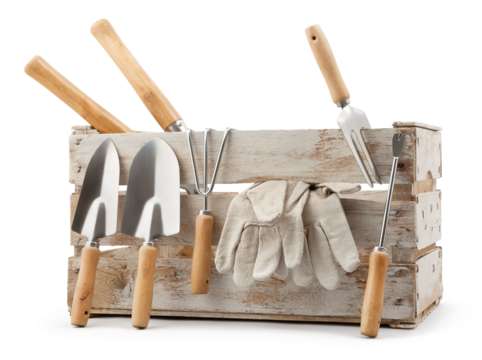 Gardening tools set, wooden crate with aluminum garden kit tools, Shovel, Trowel, Fork with wooden handle and protective gloves, isolated on white background. Concept of work or sale garden products