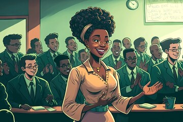 Young professor teaching among listeners explains lecture, created with generative ai