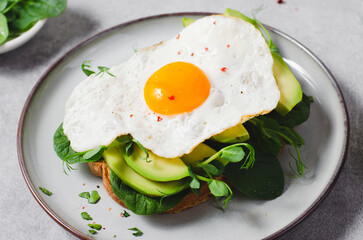 Avocado Sandwich with Fried Egg, Spinach and Green Sprouts, Healthy Breakfast or Snack on Bright Background