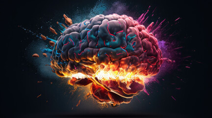 Fototapeta premium Human brain exploding with knowledge and creativity explosion of bright colors. generative ai.