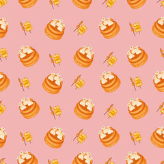 Chinese food seamless pattern. Hand drawn different types of asian food in wooden steamers repeating background. Tasty chinese food, delicious har gao, sticky rice, rolls.