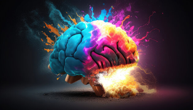 Human brain exploding with knowledge and creativity explosion of bright colors. generative ai.