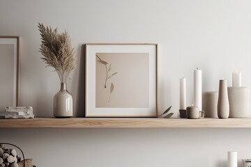 Closeup of neutral minimalist scandi wall mockup with shelf design. Generative AI