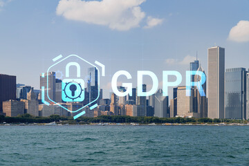 City view of Downtown skyscrapers of Chicago skyline panorama over Lake Michigan, harbor area, day time, Illinois, USA. GDPR hologram, concept of data protection regulation and privacy for individuals