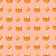 Chinese food seamless pattern. Hand drawn different types of asian food in wooden steamers repeating background. Tasty chinese food, delicious har gao, sticky rice, rolls.