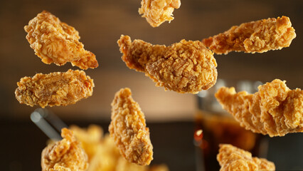 Freeze motion of flying pieces of fried chicken pieces.