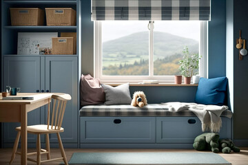 Modern bedroom interior design. Cozy Built-in near the window with pillows. Super photo realistic background. Generative ai illustration