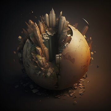 Golden Earth Destroying , Mining & Concert building killing earth , AI generated 

