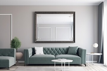 empty poster frame on the wall of living room. Luxurious apartment background with contemporary design as interior idea - Generative AI