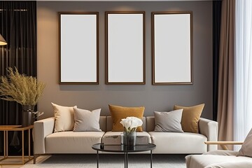 empty poster frame on the wall of living room. Luxurious apartment background with contemporary design as interior idea - Generative AI