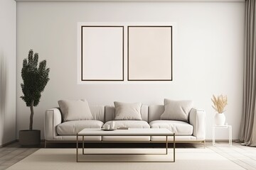 empty poster frame on the wall of living room. Luxurious apartment background with contemporary design as interior idea - Generative AI