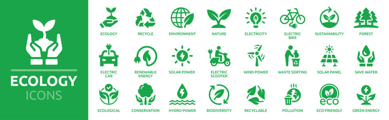 Ecology icon set. Environment, sustainability, nature, recycle, renewable energy; electric bike, eco-friendly, forest, wind power, green symbol. Solid icons vector collection. - obrazy, fototapety, plakaty