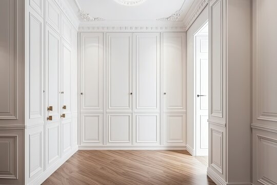 Ajar door on enormous white American classic closet in bright room. Modern apartment decor advertising practical furnishings and huge closet. Generative AI