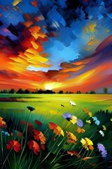 painting of sunset in the field 2