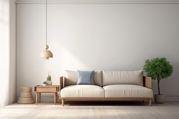 Empty living room with sofa,lamp and table on empty white wall backdrop. Generative AI