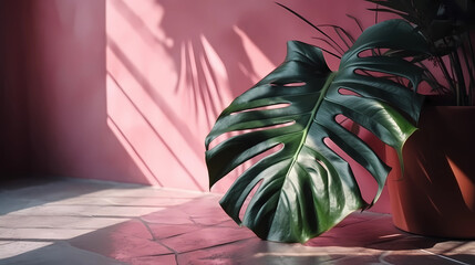 monstera in pot in front of a pink texture cement wall background with shadow. Generative AI