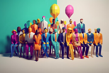 Low Poly Generative AI of Diverse Group Celebrating Milestone. Multicultural Office Celebration. Employees Celebrating Success