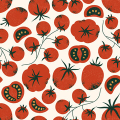 Tomato seamless pattern. Whole and half cut tomatoes. Textured retro style. . Vector illustration