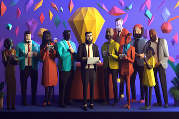 Low Poly Generative AI of Diverse Group Celebrating Milestone. Multicultural Office Celebration. Employees Celebrating Success