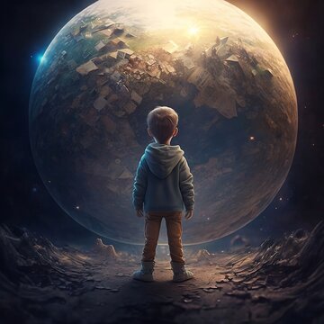 man and moon , Boy seeing dying earth 