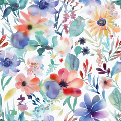 A lovely sameless illustration floral pattern featuring delicate pink, purple, and green flowers arranged in a natural and harmonious way