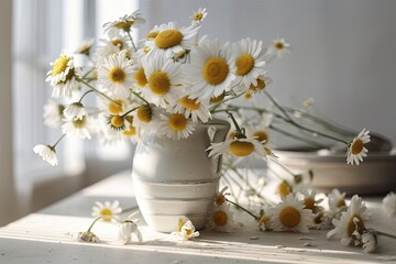 Sun lit daisies on white backdrop. Simple summer decor. Modern ceramic vase with daisies in bohemian decor. Summer wallpaper, copyspace. Generative AI