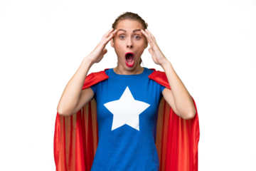 Super Hero caucasian woman over isolated background with surprise expression