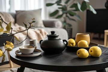 Focus on warm living room interior with black wooden table, home décor, teapot, cup, and yellow quince. Exquisite hygge home accessories. Generative AI