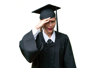Young university graduate  caucasian woman over isolated background looking far away with hand to look something
