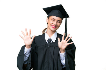 Young university graduate  caucasian woman over isolated background counting ten with fingers