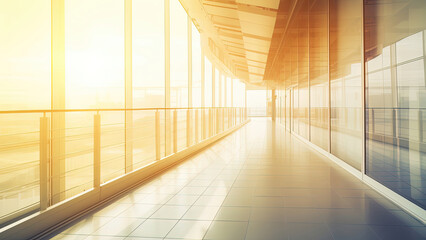 Obraz premium Glass building corridor hit by strong sunlight: graphic image, scene, background, empty, blank, nobody, no people, photorealistic, illustration, Generative AI