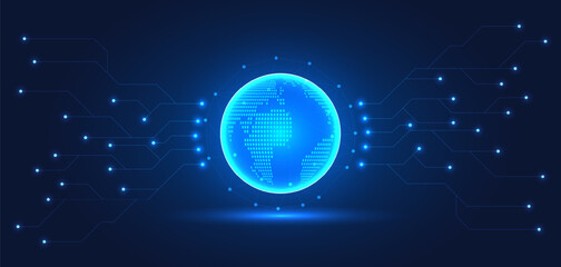 Fototapeta premium Global blockchain technology network that connects smart technology to provide instant access to information anywhere to expand business globally.