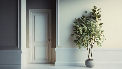 A white door and a plant: Two-tone color wall, empty, blank, nobody, no people, photorealistic, illustration, Generative AI