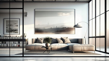 A minimalistic sunlit living room interior: empty, blank, nobody, no people, photorealistic, illustration, Generative AI