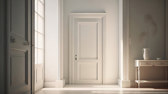 Hallway interior in white and green colors: empty, blank, nobody, no people, photorealistic, illustration, Generative AI