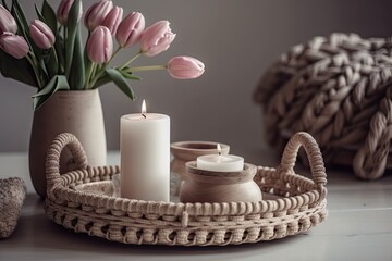 White ceramic vase, pink tulips, wicker tray, candles, macrame wall hanging, and wooden table or shelf on light gray wall. Boho spring home decor. Generative AI