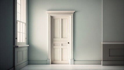 A white door by the window in the hallway, photorealistic illustration, Generative AI