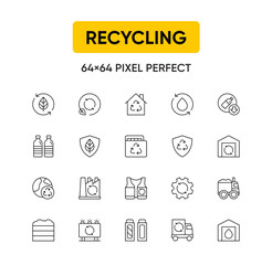 Recycling, ecology, environment and sustainability concepts. Outline symbol collection. Pixel Perfect.
